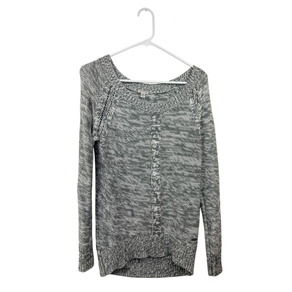 Guess Sweaters - Guess Womens Gray White Marled Cable Knit Pointelle Scoop Neck Sweater Medium